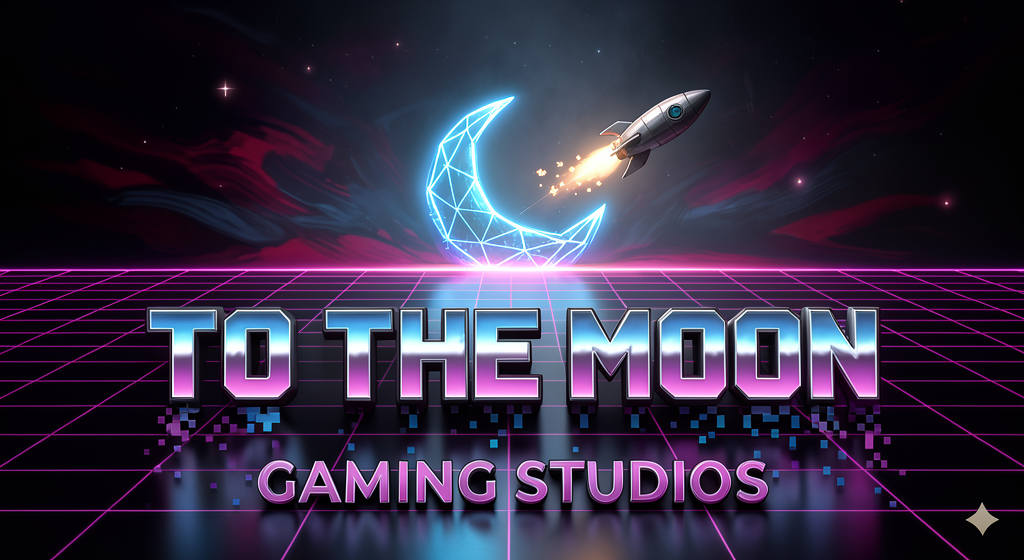 A neon wireframe moon and rocket above the To The Moon Gaming Studios title